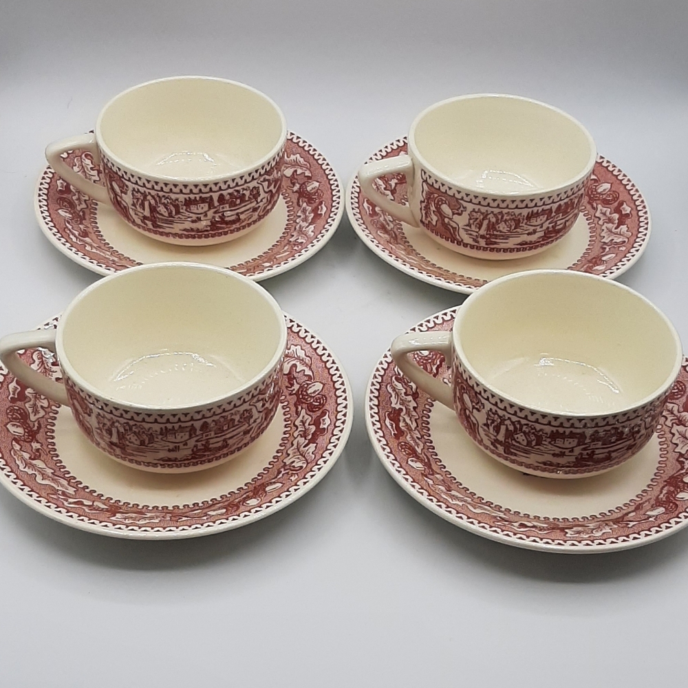 Set of 4 Vintage Royal USA Ironstone Memory Lane Tea Cup and Saucers Pink Red